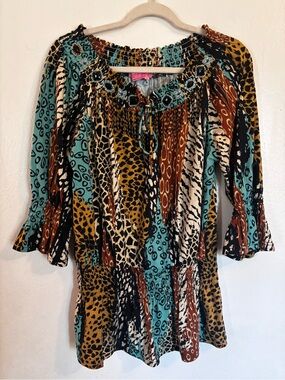 Boho Multi-Color Animal Print Peasant Tunic - Teal, Mustard & Brown